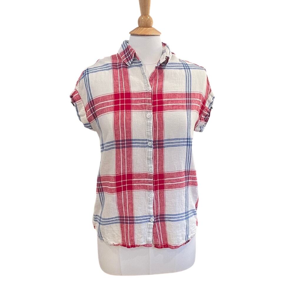 Beach Lunch Lounge Linen Blend Plaid Short Sleeve Button Down Red White Blue, S